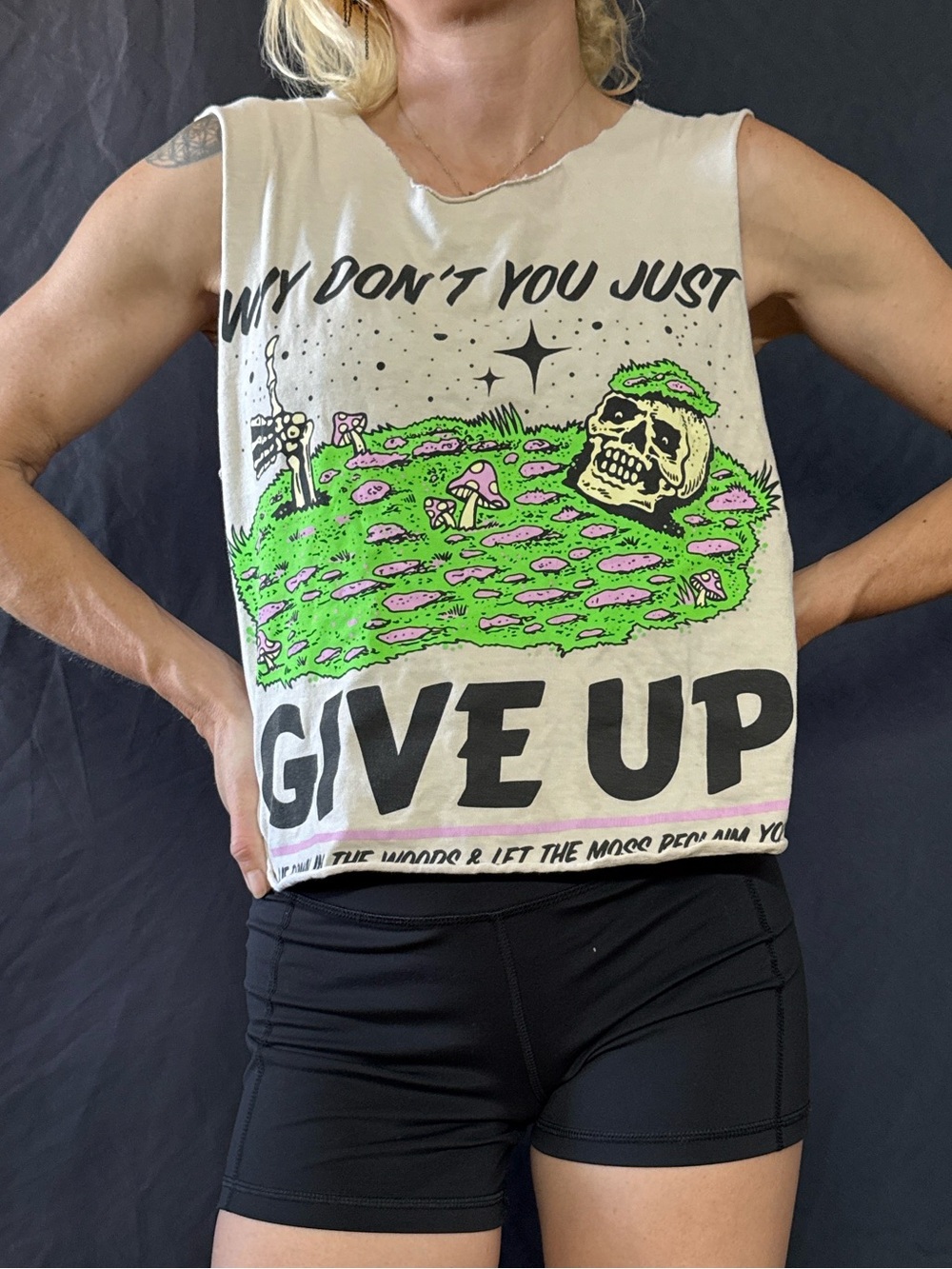 Graphic Crop Tank Top with Neon Green Print - White